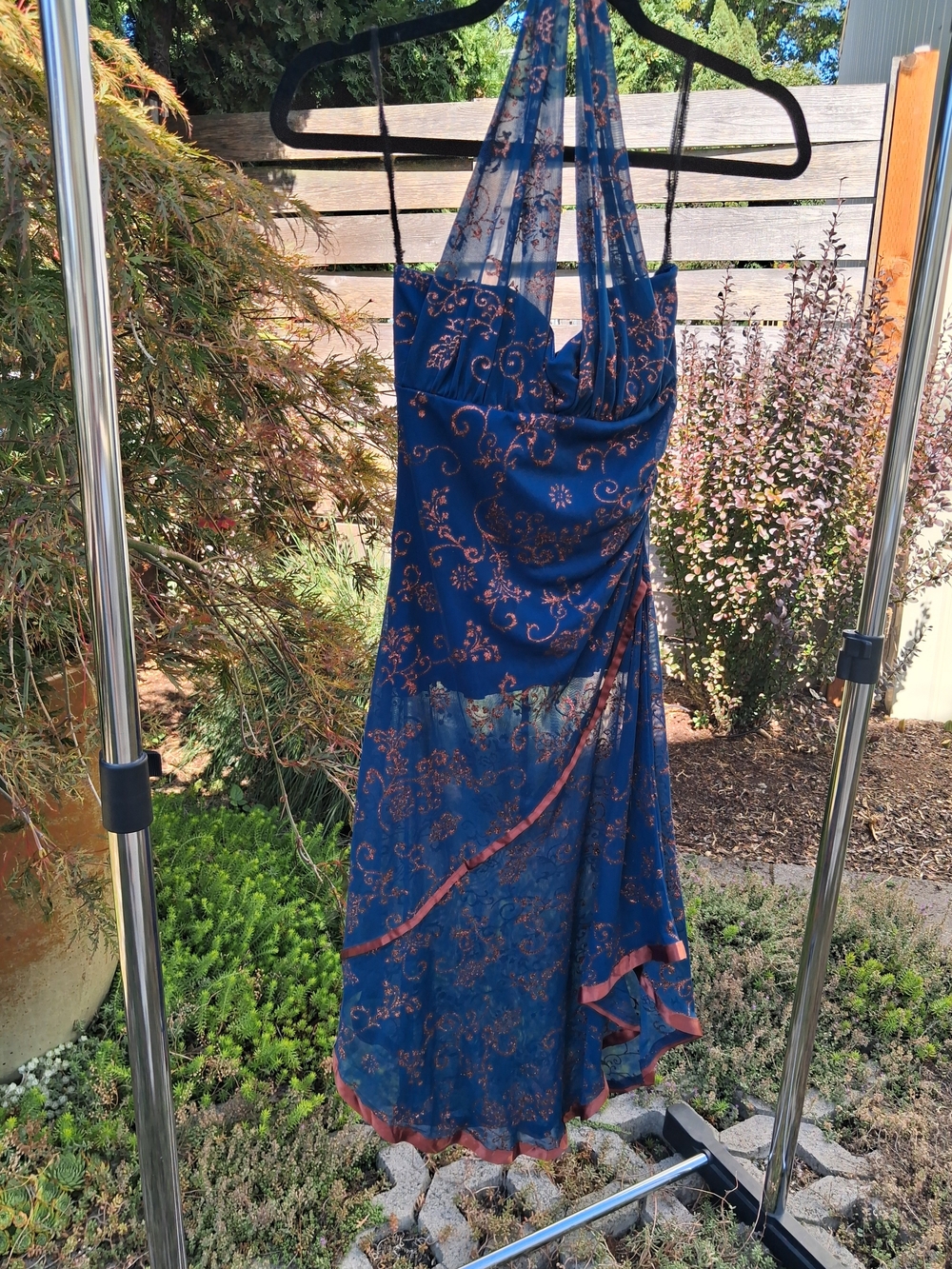 Vintage Y2K Assymetrical Halter Dress Teal And Copper Small Sheer Overlay